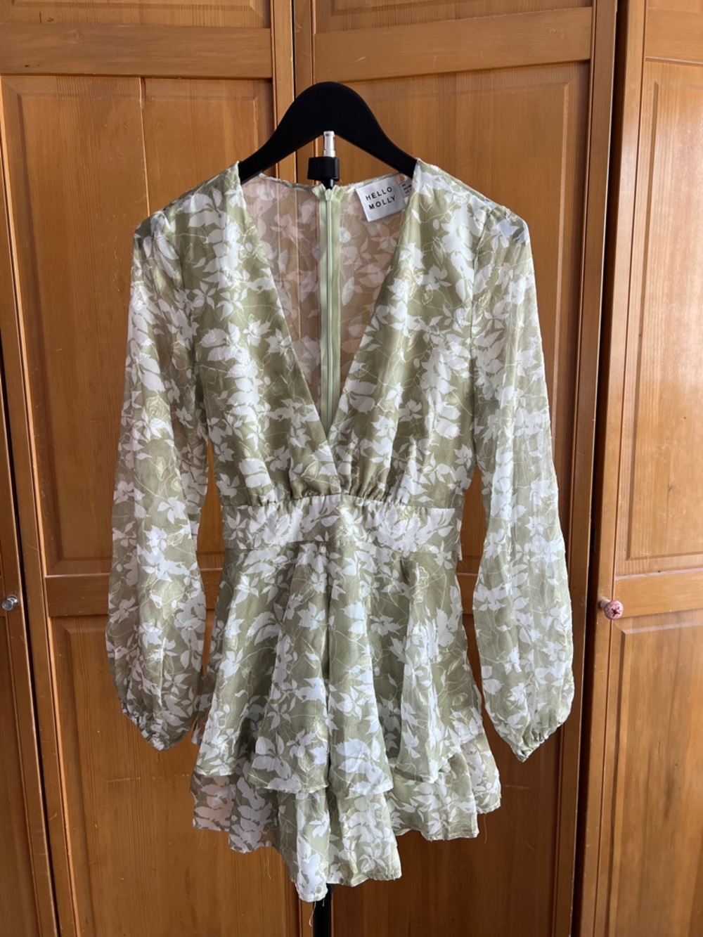 Hello Molly Sage Green & White Floral V-Neck Mini Dress